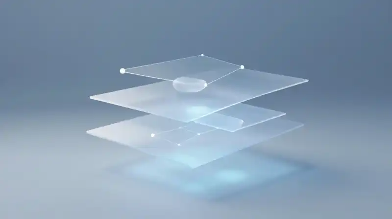 Translucent geometric shapes and data nodes float in blue space