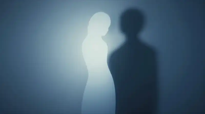 A glowing figure split between radiant light and deep shadows