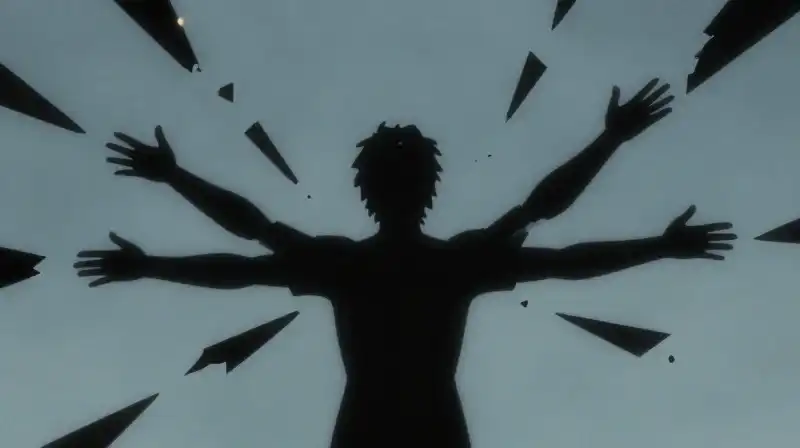 A silhouetted figure radiates energy through scattered geometric shards
