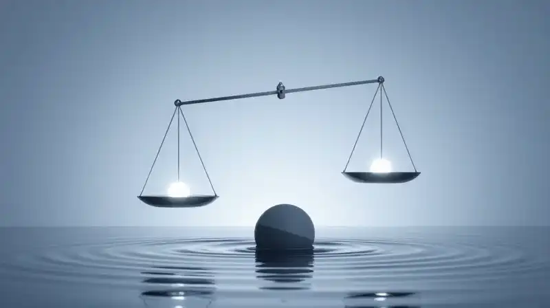 Glowing geometric shapes balance on a scale over rippling water