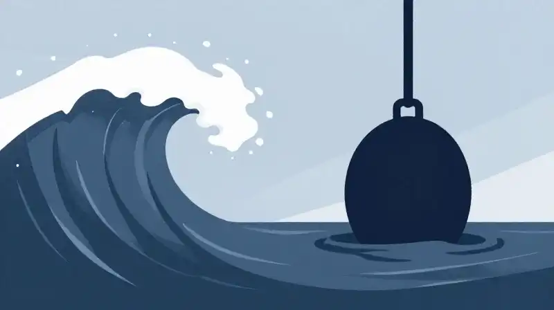 A split silhouette balances a swirling wave and heavy weight