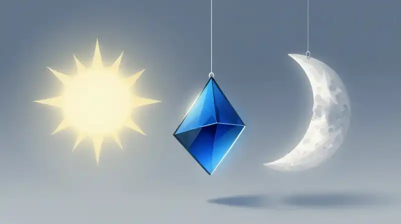 A pendulum swings between a sun and a moon
