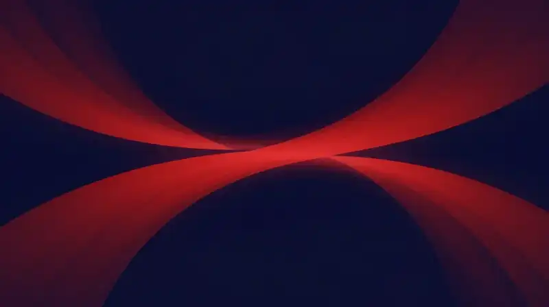 Crimson ribbons swirl around sharp geometric shapes in deep blue
