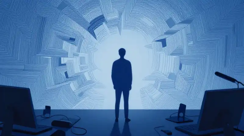 A blue silhouette retreats into a maze of geometric patterns