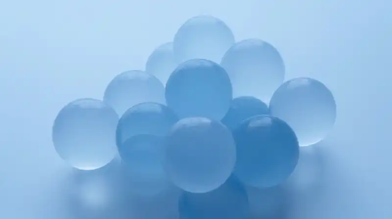 Translucent blue spheres and geometric shapes float in calm layers