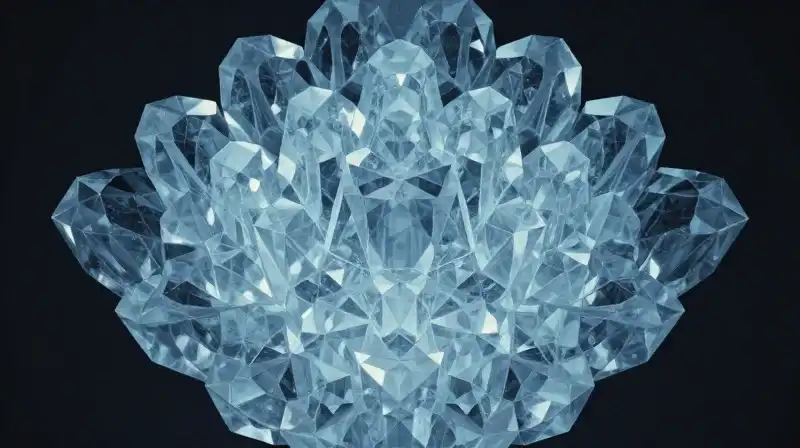 A translucent blue crystal with intricate fractal geometric patterns