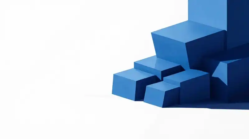 Fragmented blue crystalline blocks collapse into a vast void