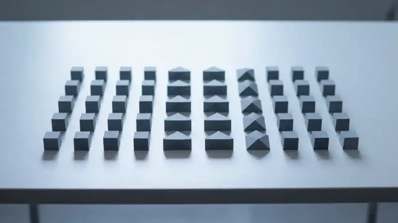 Perfectly aligned geometric shapes rest on a minimalist desk