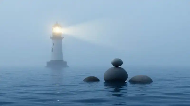 A lighthouse beam pierces soft fog over calm blue waves