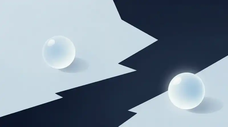 Glowing spheres and dark shadows divide two diverging paths