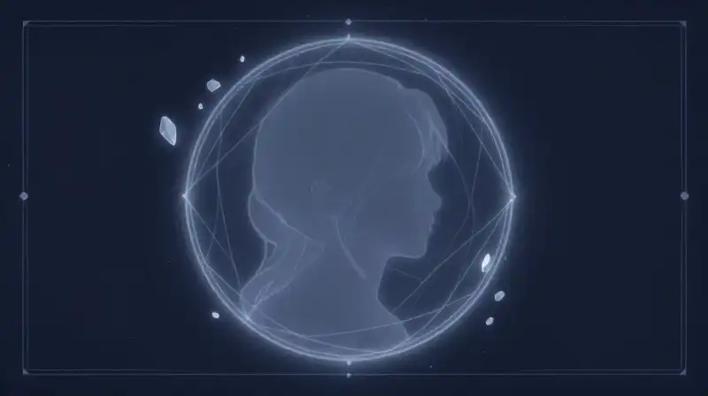 A translucent silhouette glows within geometric lines and crystals