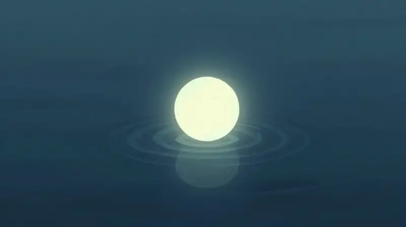 A glowing sphere rests on calm, rippling teal water