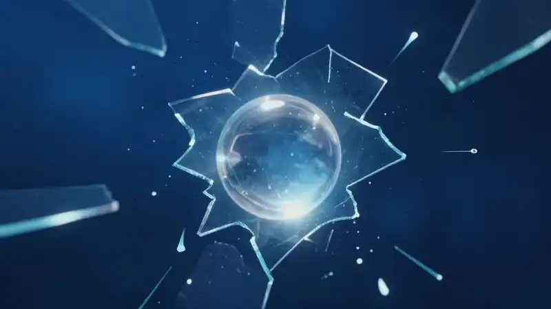 A glowing sphere floats amidst shattered glass in blue darkness