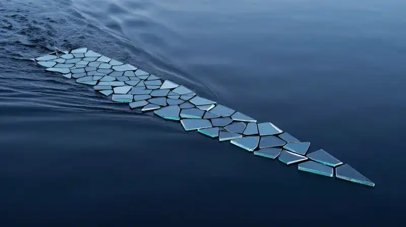 Fragmented glass mosaics align over rippling, dark indigo water