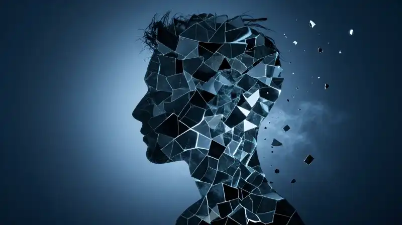 A shifting profile silhouette made of fractured glass shards