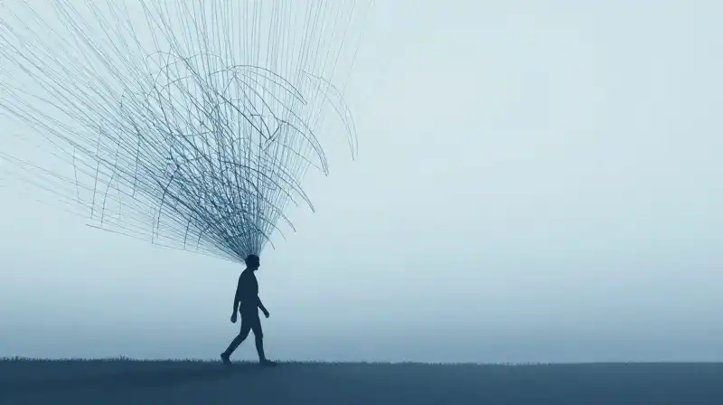 A silhouette walks through shifting shapes in a misty blue landscape