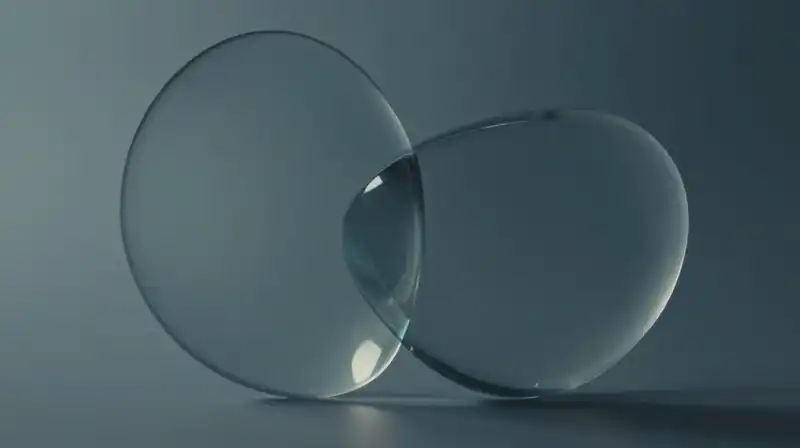 Two intertwined translucent glass shapes overlap in muted blue tones