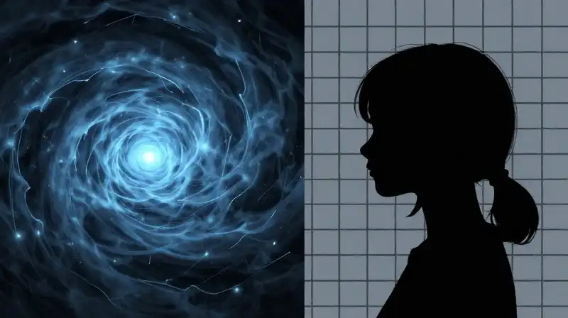 Two silhouettes face a swirling blue storm and geometric grid