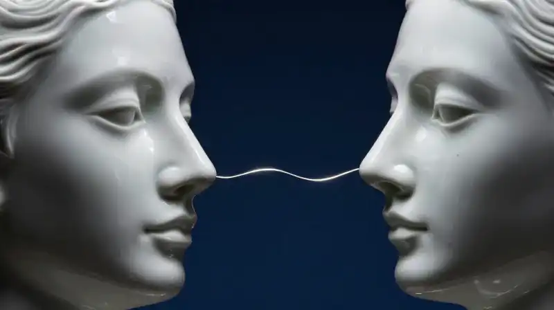 Broken porcelain faces are joined by a single glowing thread