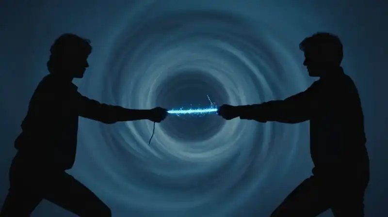 Two dark silhouettes drift apart, linked by fraying blue light