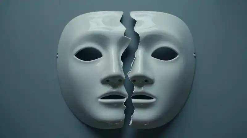 A single porcelain mask fractures into two contrasting halves