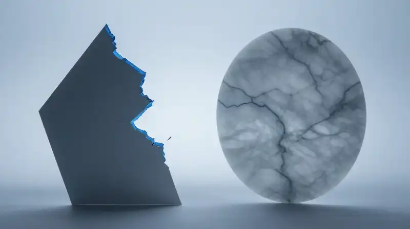 Jagged blue shards clash against smooth, cold marble silhouettes