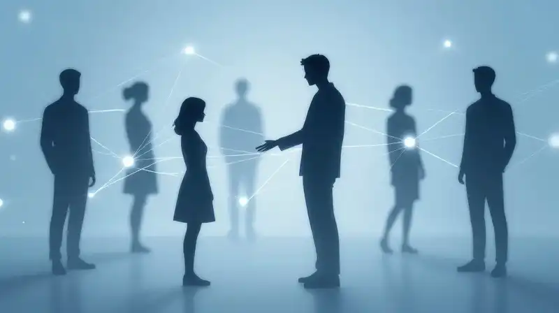 Glowing blue figures connect through a web of light