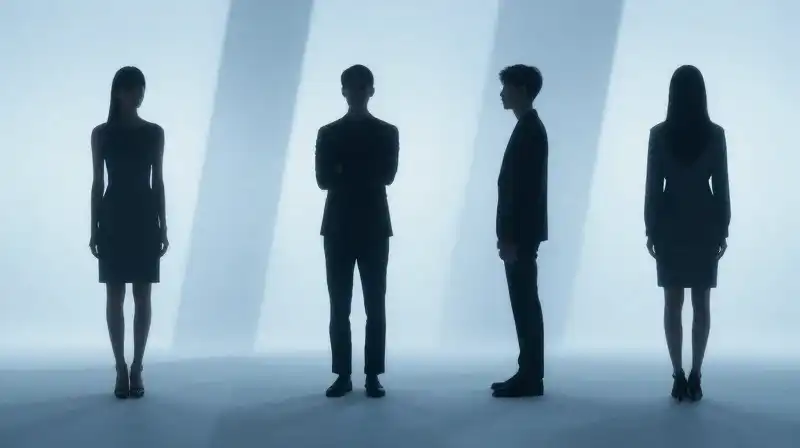 Four silhouettes stand in a soft, blue, ethereal void