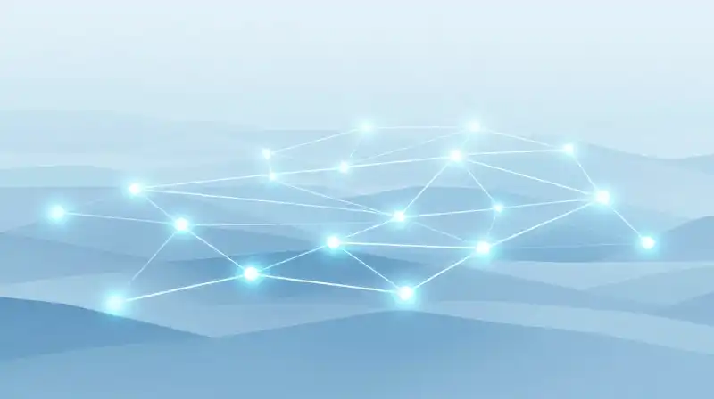 Glowing blue nodes connect across a minimalist, geometric landscape