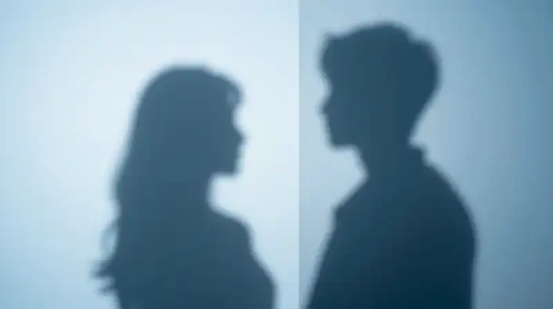 Two contrasting silhouettes overlap against soft blue geometric planes
