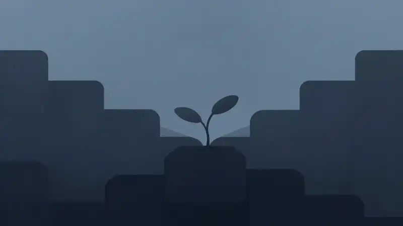 A small seedling grows through layered, geometric stone shadows