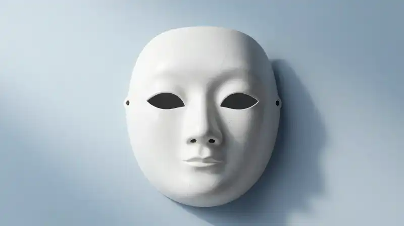 A cracked porcelain mask floats against a soft blue backdrop