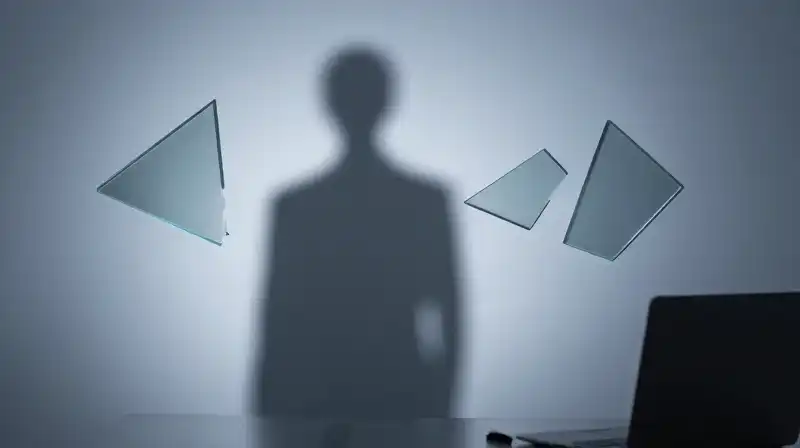 A central silhouette casts long shadows over fragmented geometric shapes