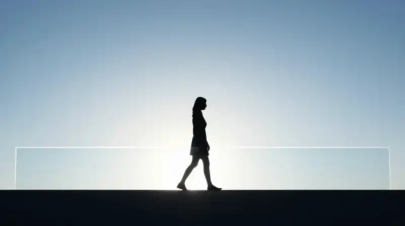 A silhouette steps toward a glowing horizon through a barrier