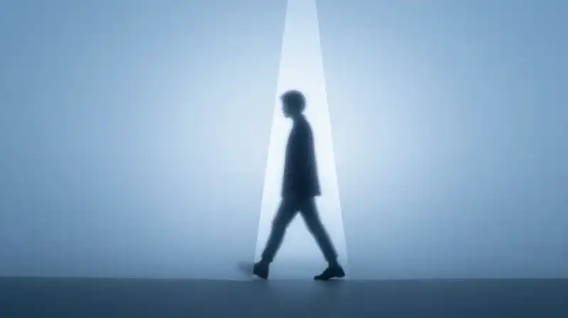 A silhouette steps through a geometric veil into soft light