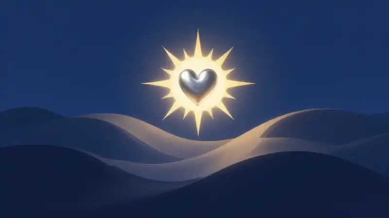 A silver heart floats within a golden sunburst amidst waves