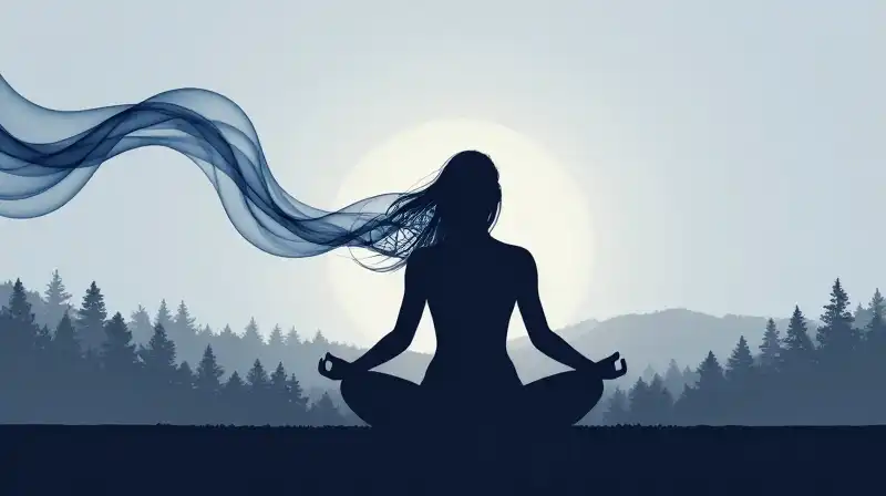 A silhouetted figure meditates amidst flowing ink and geometric patterns