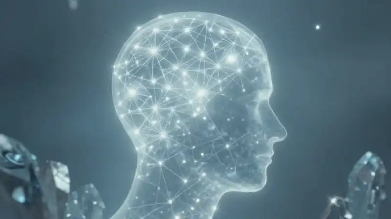 A glowing, patterned silhouette floats in a blue ethereal void