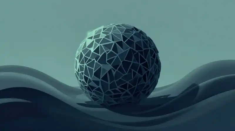 A sharp crystalline sphere contrasts with a flowing blue wave