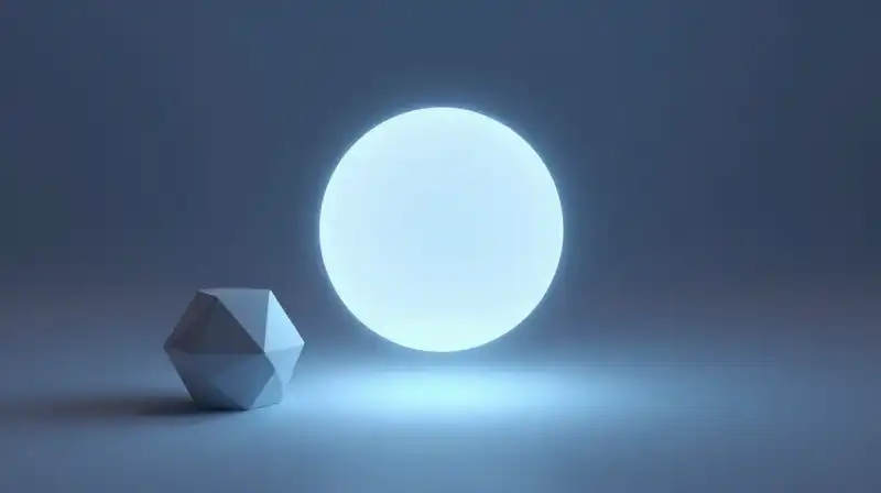 A glowing orb floats between two contrasting geometric containers