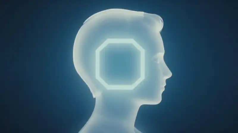 A glowing silhouette with a geometric core floats in darkness