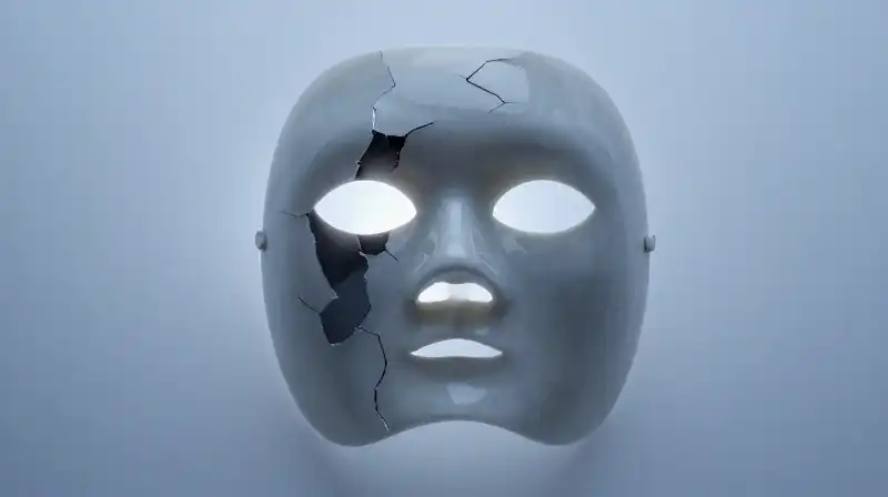 A cracked porcelain mask reveals shadows and a glowing core