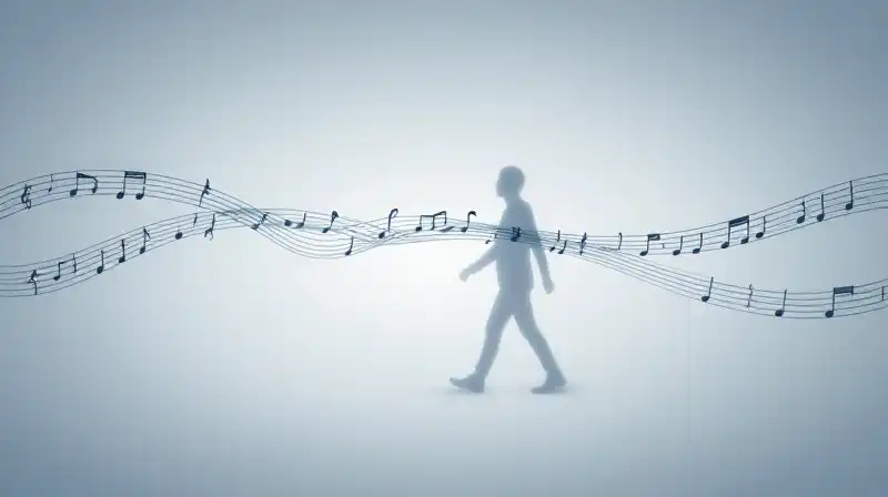 A walking silhouette dissolves into flowing, rhythmic musical notes