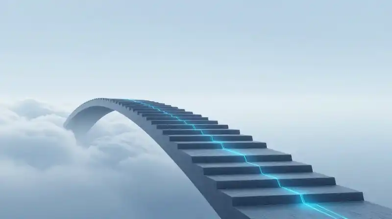 A glowing geometric bridge connects floating clouds to stone steps