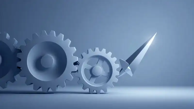 Glowing gears align near a compass in blue architecture