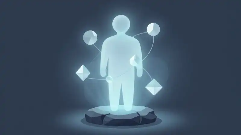 A translucent figure stands on stone amidst glowing geometric shapes