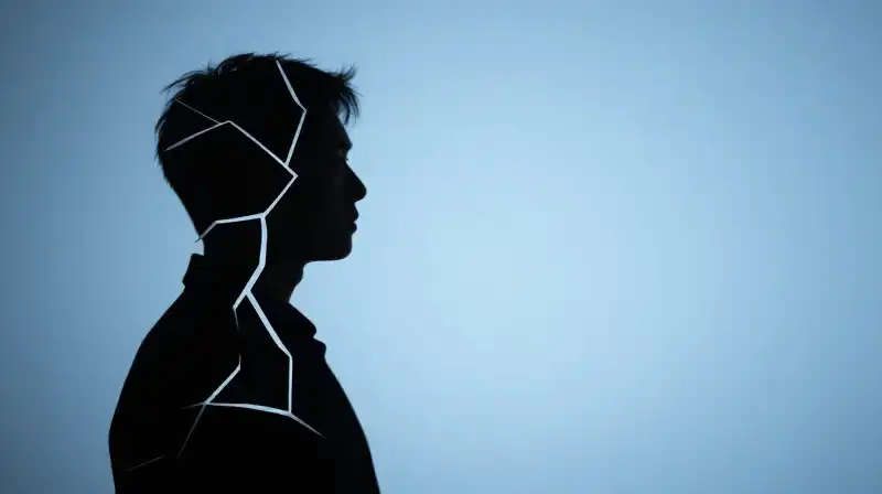 A fractured silhouette trapped within a geometric blue void