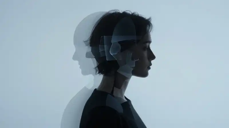 A fractured silhouette emerges through shifting, translucent geometric masks