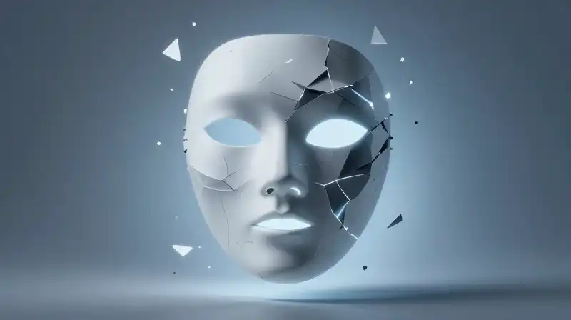 A shattered porcelain mask reveals glowing, complex internal layers
