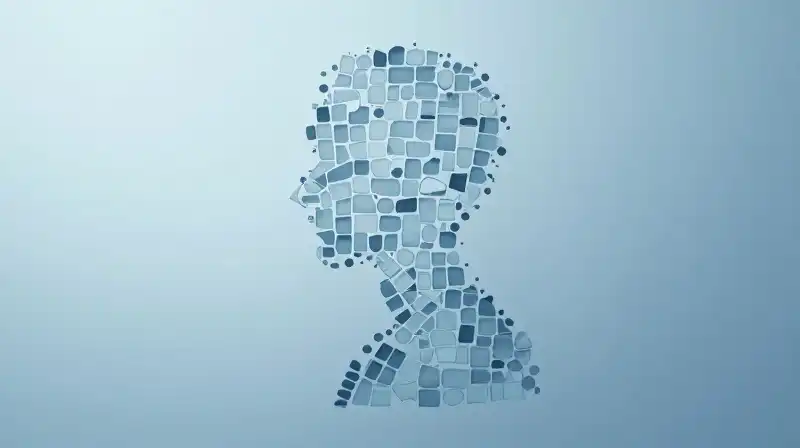 Small blue shapes float together to form a silhouette